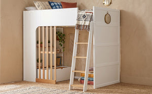 English Elm Twin High Sleeper Loft Bed with Built-In Shelves Oak Accents and Under Drawer White+Natural LT000432AAK