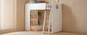 English Elm Twin High Sleeper Loft Bed with Built-In Shelves Oak Accents and Under Drawer White+Natural LT000432AAK