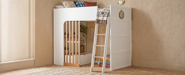 English Elm Twin High Sleeper Loft Bed with Built-In Shelves Oak Accents and Under Drawer White+Natural LT000432AAK