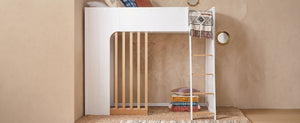 English Elm Twin High Sleeper Loft Bed with Built-In Shelves Oak Accents and Under Drawer White+Natural LT000432AAK