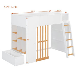 English Elm Twin High Sleeper Loft Bed with Built-In Shelves Oak Accents and Under Drawer White+Natural LT000432AAK