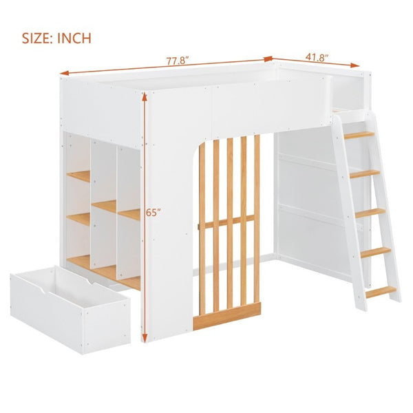 English Elm Twin High Sleeper Loft Bed with Built-In Shelves Oak Accents and Under Drawer White+Natural LT000432AAK