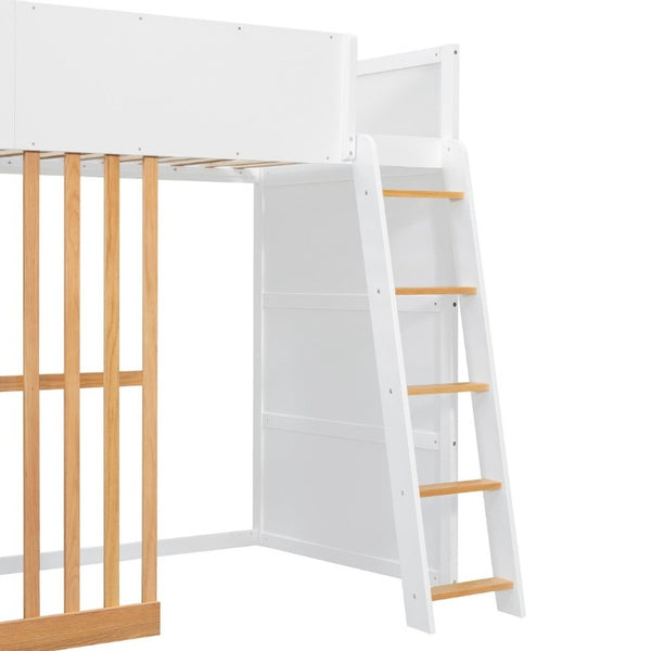 English Elm Twin High Sleeper Loft Bed with Built-In Shelves Oak Accents and Under Drawer White+Natural LT000432AAK