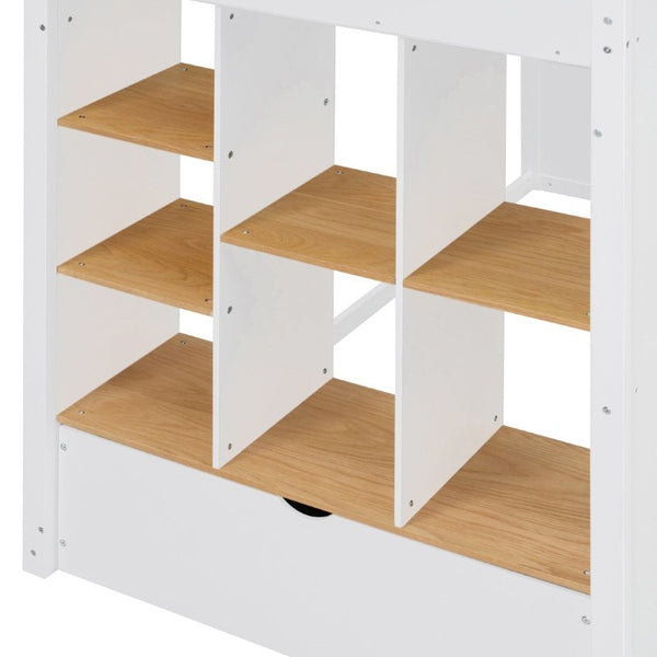 English Elm Twin High Sleeper Loft Bed with Built-In Shelves Oak Accents and Under Drawer White+Natural LT000432AAK