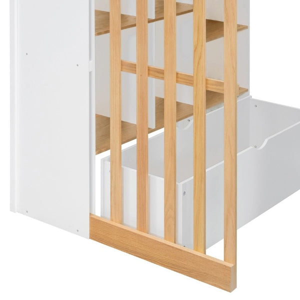 English Elm Twin High Sleeper Loft Bed with Built-In Shelves Oak Accents and Under Drawer White+Natural LT000432AAK