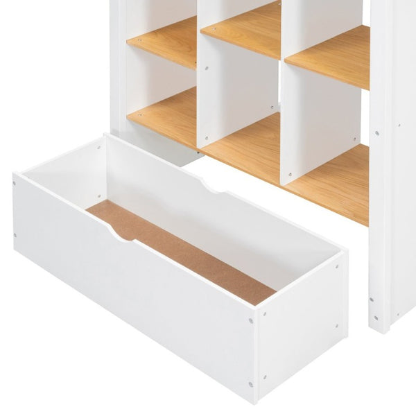 English Elm Twin High Sleeper Loft Bed with Built-In Shelves Oak Accents and Under Drawer White+Natural LT000432AAK
