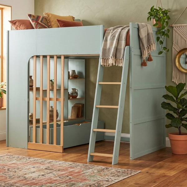 English Elm Full Size Loft Bed with Built in Shelves Under Drawer Oak Accents Kids Room Mint Green LT000433AAF