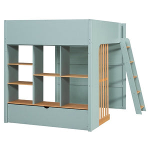 English Elm Full Size Loft Bed with Built in Shelves Under Drawer Oak Accents Kids Room Mint Green LT000433AAF