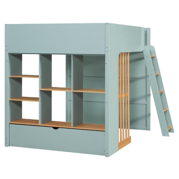 English Elm Full Size Loft Bed with Built in Shelves Under Drawer Oak Accents Kids Room Mint Green LT000433AAF
