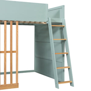 English Elm Full Size Loft Bed with Built in Shelves Under Drawer Oak Accents Kids Room Mint Green LT000433AAF