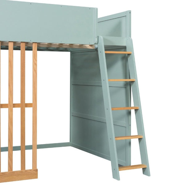English Elm Full Size Loft Bed with Built in Shelves Under Drawer Oak Accents Kids Room Mint Green LT000433AAF