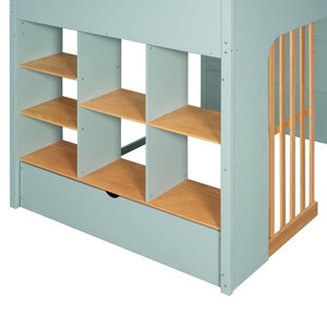 English Elm Full Size Loft Bed with Built in Shelves Under Drawer Oak Accents Kids Room Mint Green LT000433AAF