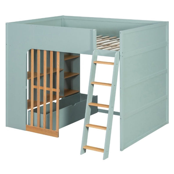 English Elm Full Size Loft Bed with Built in Shelves Under Drawer Oak Accents Kids Room Mint Green LT000433AAF