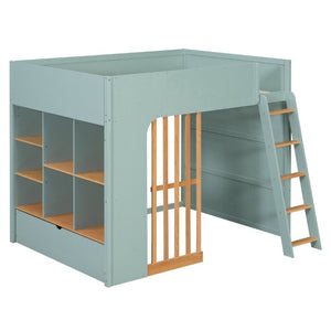 English Elm Full Size Loft Bed with Built in Shelves Under Drawer Oak Accents Kids Room Mint Green LT000433AAF
