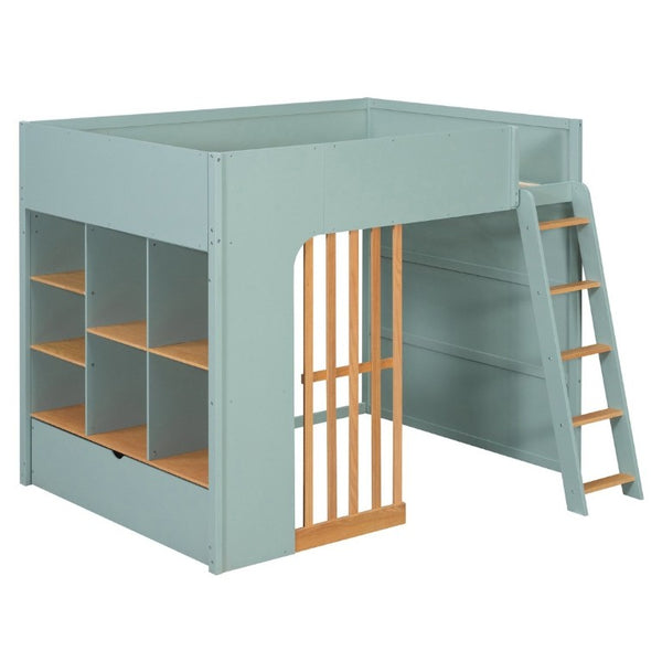 English Elm Full Size Loft Bed with Built in Shelves Under Drawer Oak Accents Kids Room Mint Green LT000433AAF
