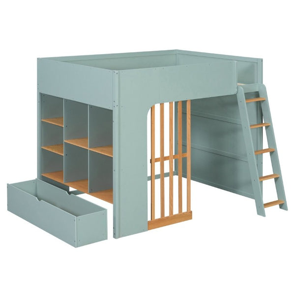 English Elm Full Size Loft Bed with Built in Shelves Under Drawer Oak Accents Kids Room Mint Green LT000433AAF