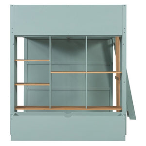 English Elm Full Size Loft Bed with Built in Shelves Under Drawer Oak Accents Kids Room Mint Green LT000433AAF