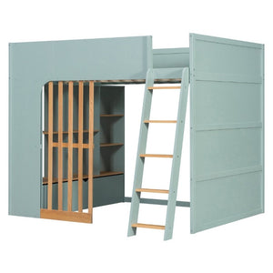 English Elm Full Size Loft Bed with Built in Shelves Under Drawer Oak Accents Kids Room Mint Green LT000433AAF