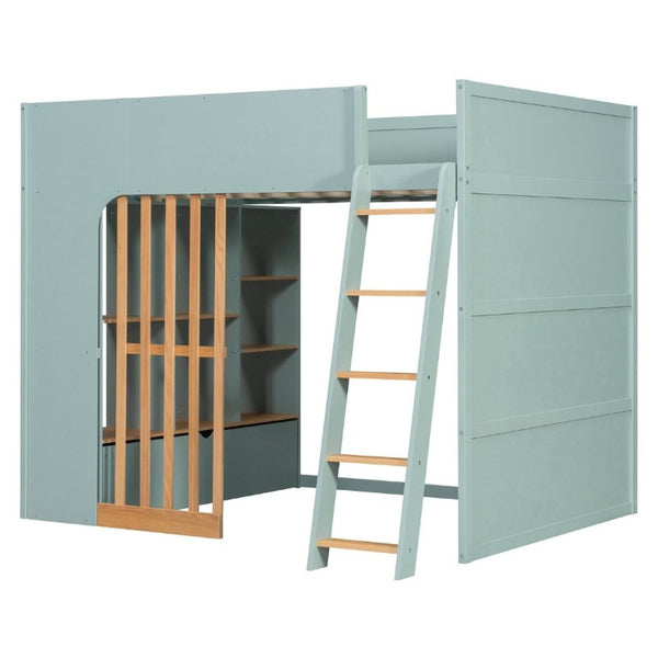 English Elm Full Size Loft Bed with Built in Shelves Under Drawer Oak Accents Kids Room Mint Green LT000433AAF
