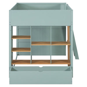 English Elm Full Size Loft Bed with Built in Shelves Under Drawer Oak Accents Kids Room Mint Green LT000433AAF