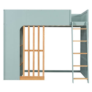 English Elm Full Size Loft Bed with Built in Shelves Under Drawer Oak Accents Kids Room Mint Green LT000433AAF