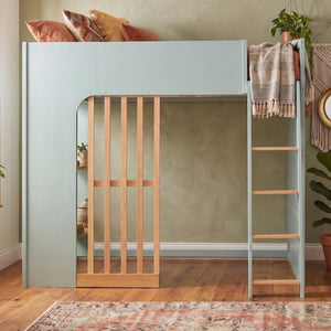 English Elm Full Size Loft Bed with Built in Shelves Under Drawer Oak Accents Kids Room Mint Green LT000433AAF