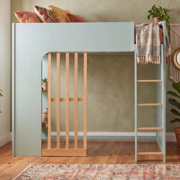 English Elm Full Size Loft Bed with Built in Shelves Under Drawer Oak Accents Kids Room Mint Green LT000433AAF