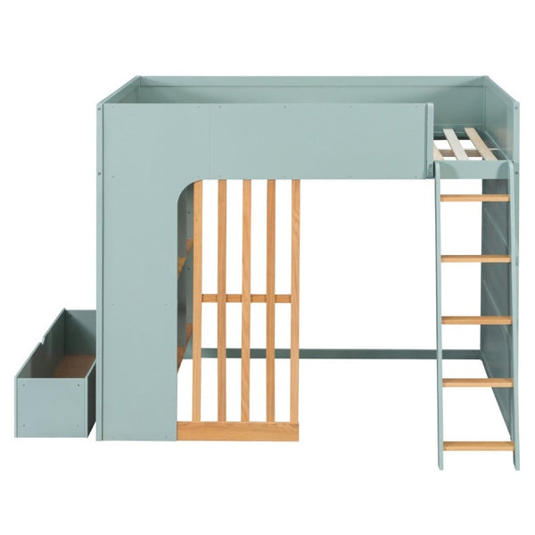 English Elm Full Size Loft Bed with Built in Shelves Under Drawer Oak Accents Kids Room Mint Green LT000433AAF