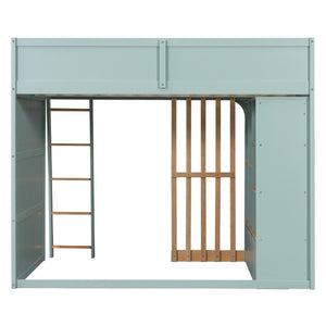 English Elm Full Size Loft Bed with Built in Shelves Under Drawer Oak Accents Kids Room Mint Green LT000433AAF