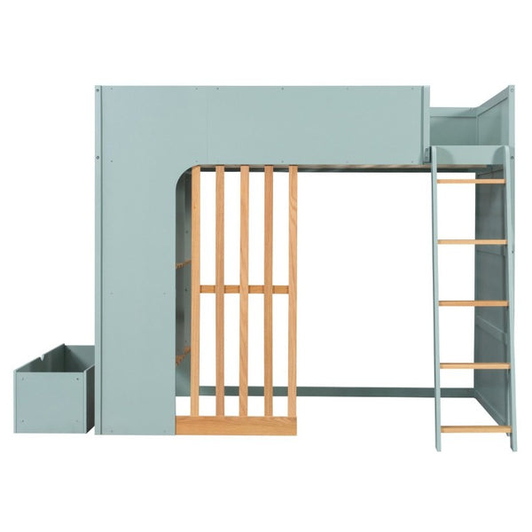 English Elm Full Size Loft Bed with Built in Shelves Under Drawer Oak Accents Kids Room Mint Green LT000433AAF