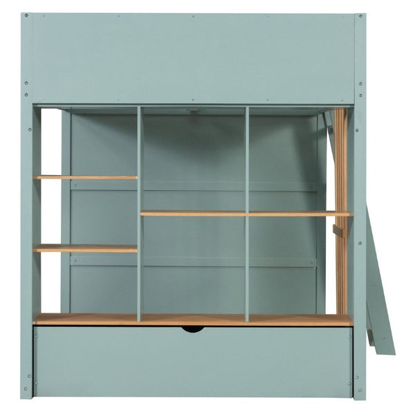 English Elm Full Size Loft Bed with Built in Shelves Under Drawer Oak Accents Kids Room Mint Green LT000433AAF