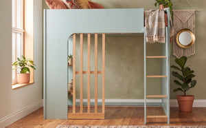 English Elm Full Size Loft Bed with Built in Shelves Under Drawer Oak Accents Kids Room Mint Green LT000433AAF