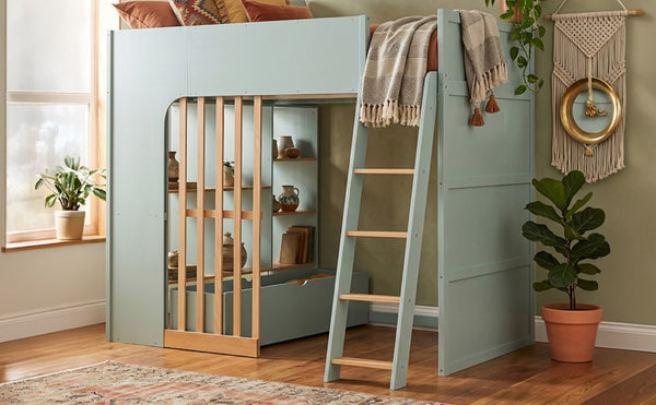English Elm Full Size Loft Bed with Built in Shelves Under Drawer Oak Accents Kids Room Mint Green LT000433AAF
