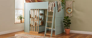 English Elm Full Size Loft Bed with Built in Shelves Under Drawer Oak Accents Kids Room Mint Green LT000433AAF