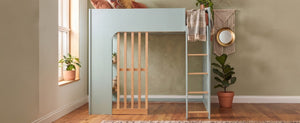 English Elm Full Size Loft Bed with Built in Shelves Under Drawer Oak Accents Kids Room Mint Green LT000433AAF