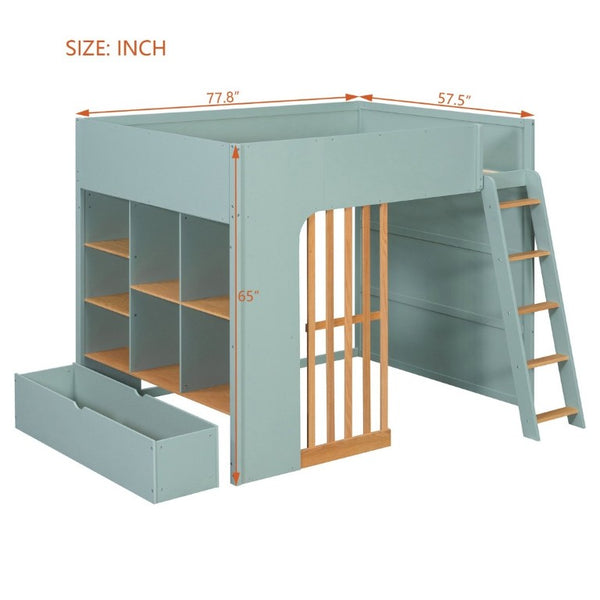 English Elm Full Size Loft Bed with Built in Shelves Under Drawer Oak Accents Kids Room Mint Green LT000433AAF