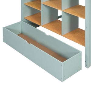 English Elm Full Size Loft Bed with Built in Shelves Under Drawer Oak Accents Kids Room Mint Green LT000433AAF