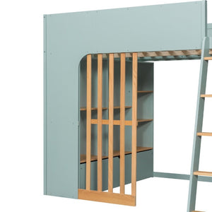 English Elm Full Size Loft Bed with Built in Shelves Under Drawer Oak Accents Kids Room Mint Green LT000433AAF
