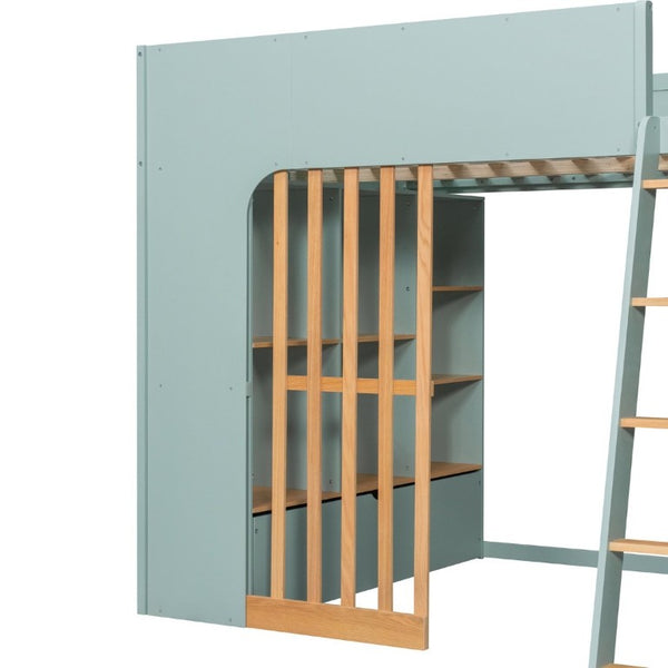 English Elm Full Size Loft Bed with Built in Shelves Under Drawer Oak Accents Kids Room Mint Green LT000433AAF