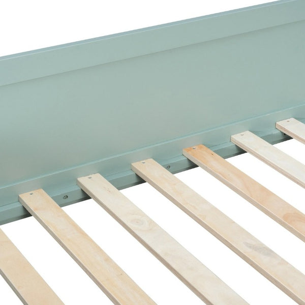 English Elm Full Size Loft Bed with Built in Shelves Under Drawer Oak Accents Kids Room Mint Green LT000433AAF