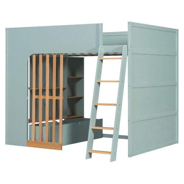 English Elm Full Size Loft Bed with Built in Shelves Under Drawer Oak Accents Kids Room Mint Green LT000433AAF