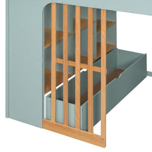 English Elm Full Size Loft Bed with Built in Shelves Under Drawer Oak Accents Kids Room Mint Green LT000433AAF