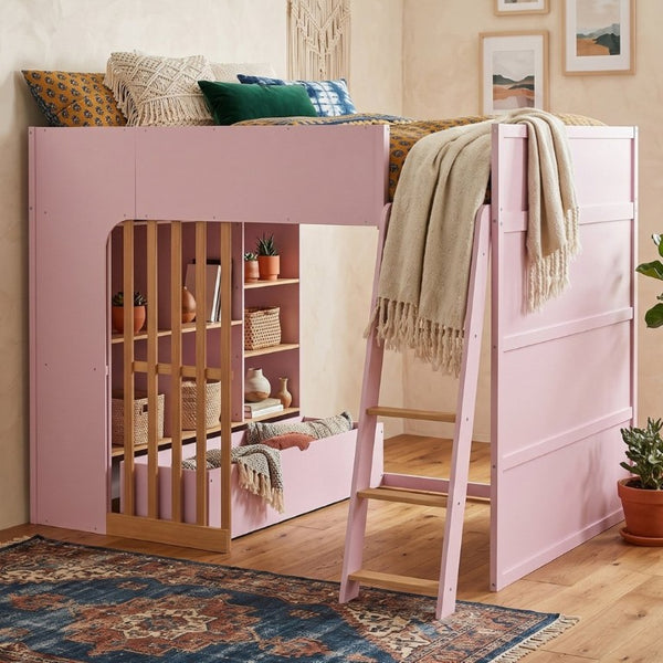 English Elm Full Size Loft Bed with Built in Shelves Under Drawer Oak Accents Kids Room Pink LT000433AAH
