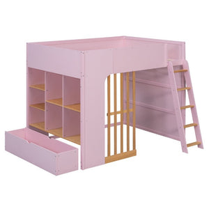 English Elm Full Size Loft Bed with Built in Shelves Under Drawer Oak Accents Kids Room Pink LT000433AAH