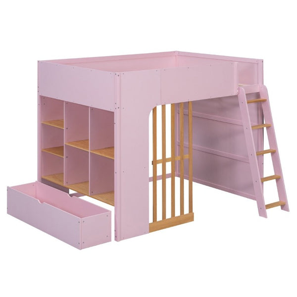 English Elm Full Size Loft Bed with Built in Shelves Under Drawer Oak Accents Kids Room Pink LT000433AAH