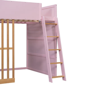 English Elm Full Size Loft Bed with Built in Shelves Under Drawer Oak Accents Kids Room Pink LT000433AAH