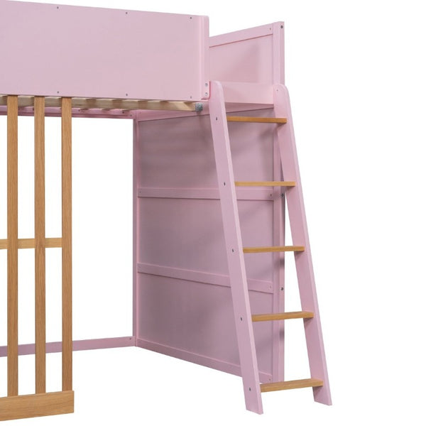 English Elm Full Size Loft Bed with Built in Shelves Under Drawer Oak Accents Kids Room Pink LT000433AAH
