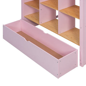 English Elm Full Size Loft Bed with Built in Shelves Under Drawer Oak Accents Kids Room Pink LT000433AAH
