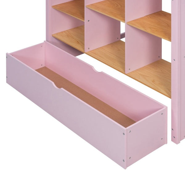English Elm Full Size Loft Bed with Built in Shelves Under Drawer Oak Accents Kids Room Pink LT000433AAH