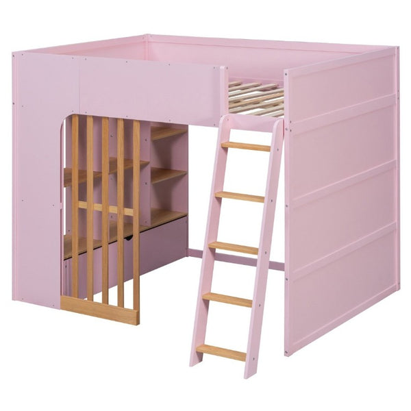 English Elm Full Size Loft Bed with Built in Shelves Under Drawer Oak Accents Kids Room Pink LT000433AAH